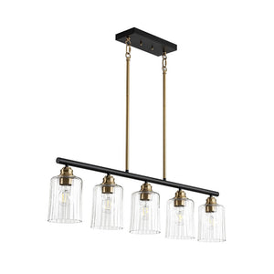 LightFixturesUSA - 5 - Light Reeded Glass Shade Linear Island Pendant - Chandelier - 5 - Lt - 
