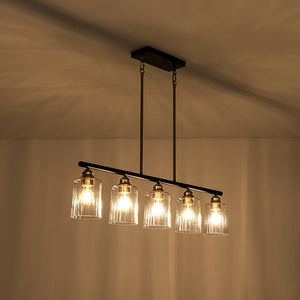 LightFixturesUSA - 5 - Light Reeded Glass Shade Linear Island Pendant - Chandelier - 5 - Lt - 