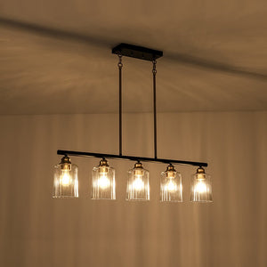LightFixturesUSA - 5 - Light Reeded Glass Shade Linear Island Pendant - Chandelier - 5 - Lt - 