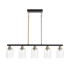 LightFixturesUSA - 5 - Light Reeded Glass Shade Linear Island Pendant - Chandelier - 5 - Lt - 