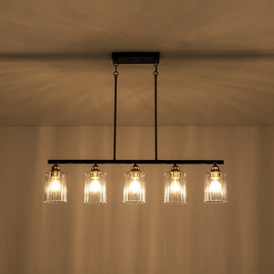LightFixturesUSA - 5 - Light Reeded Glass Shade Linear Island Pendant - Chandelier - 5 - Lt - 