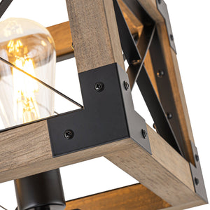LightFixturesUSA-5-Light Rustic Wooden Rectangle Cage Island Semi Flush Mount-Ceiling Light-31.7 in-