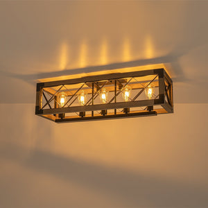 LightFixturesUSA-5-Light Rustic Wooden Rectangle Cage Island Semi Flush Mount-Ceiling Light-31.7 in-