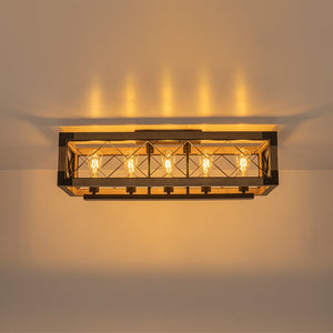 LightFixturesUSA-5-Light Rustic Wooden Rectangle Cage Island Semi Flush Mount-Ceiling Light-31.7 in-