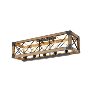 LightFixturesUSA-5-Light Rustic Wooden Rectangle Cage Island Semi Flush Mount-Ceiling Light-31.7 in-