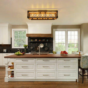 LightFixturesUSA-5-Light Rustic Wooden Rectangle Cage Island Semi Flush Mount-Ceiling Light-31.7 in-