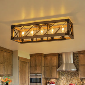 LightFixturesUSA-5-Light Rustic Wooden Rectangle Cage Island Semi Flush Mount-Ceiling Light-31.7 in-