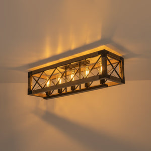 LightFixturesUSA-5-Light Rustic Wooden Rectangle Cage Island Semi Flush Mount-Ceiling Light-31.7 in-