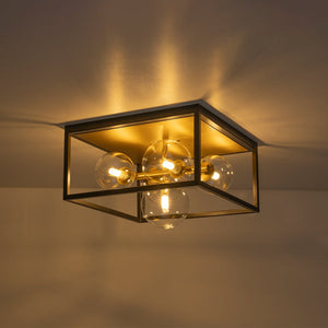 LightFixturesUSA - 5 - Light Square Box Glass Globe Flush Mount Light - Ceiling Light - Black + Brass - 