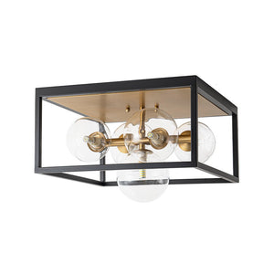 LightFixturesUSA - 5 - Light Square Box Glass Globe Flush Mount Light - Ceiling Light - Black + Brass - 