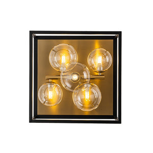 LightFixturesUSA - 5 - Light Square Box Glass Globe Flush Mount Light - Ceiling Light - Black + Brass - 