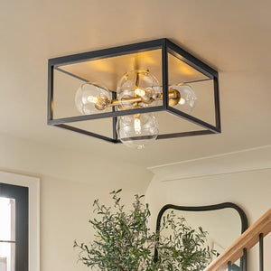 LightFixturesUSA - 5 - Light Square Box Glass Globe Flush Mount Light - Ceiling Light - Black + Brass - 