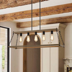 LightFixturesUSA - 5 - Light Trapezoid Wood Grain Chain Linear Island Chandelier - Chandelier - 5 - Light - 