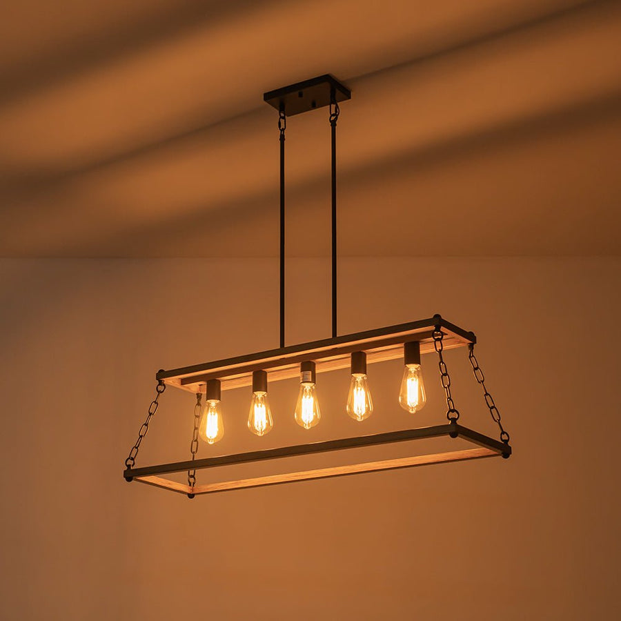 LightFixturesUSA - 5 - Light Trapezoid Wood Grain Chain Linear Island Chandelier - Chandelier - 5 - Light - 