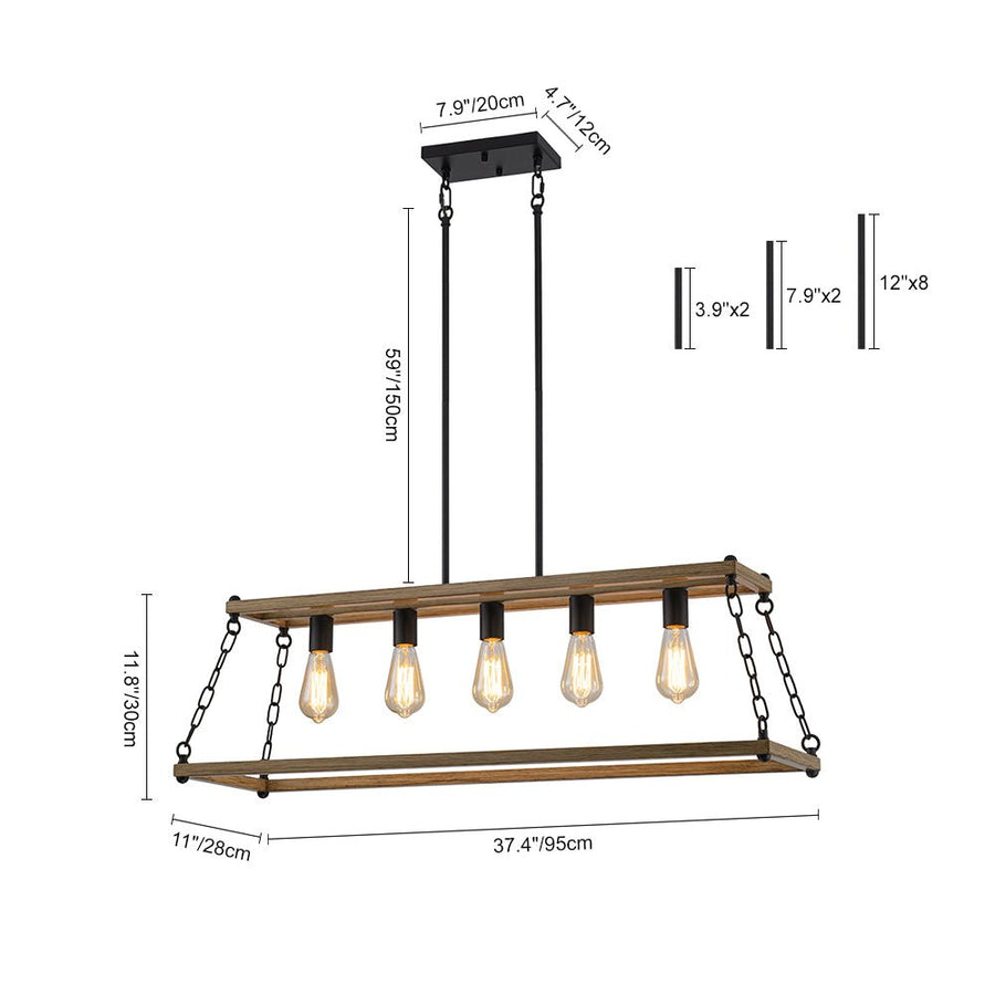 LightFixturesUSA - 5 - Light Trapezoid Wood Grain Chain Linear Island Chandelier - Chandelier - 5 - Light - 