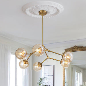 LightFixturesUSA - 6 - Light Amber Glass Globe Branch Sputnik Chandelier - Chandelier - Brass - 