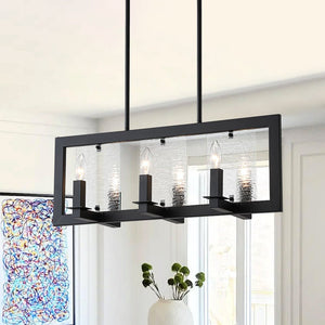 LightFixturesUSA - 6 - Light Candle Ripple Glass Black Rectangle Island Pendant - Chandelier - Matte Black - 