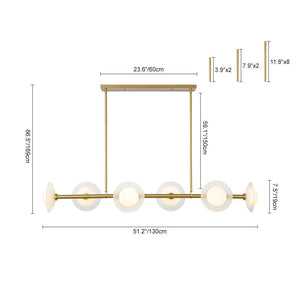 LightFixturesUSA - 6 - Light Frosted Glass Globe Linear Island Chandelier - Chandelier - Brass - 