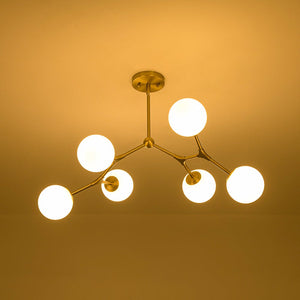 LightFixturesUSA - 6 - Light Opal Glass Globe Linear Branch Sputnik Chandelier - Chandelier - Brass - 