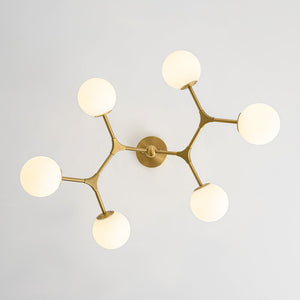 LightFixturesUSA - 6 - Light Opal Glass Globe Linear Branch Sputnik Chandelier - Chandelier - Brass - 