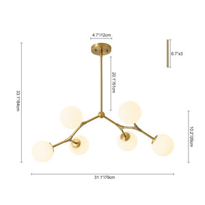 LightFixturesUSA - 6 - Light Opal Glass Globe Linear Branch Sputnik Chandelier - Chandelier - Brass - 