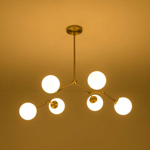 LightFixturesUSA - 6 - Light Opal Glass Globe Linear Branch Sputnik Chandelier - Chandelier - Brass - 