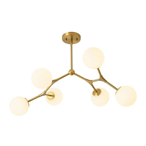 LightFixturesUSA - 6 - Light Opal Glass Globe Linear Branch Sputnik Chandelier - Chandelier - Brass - 