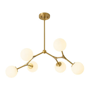 LightFixturesUSA - 6 - Light Opal Glass Globe Linear Branch Sputnik Chandelier - Chandelier - Brass - 