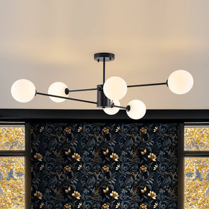 LightFixturesUSA - 6 - Light Opal Glass Globe Linear Sputnik Semi Flush - Ceiling Light - Black (Exclusive Offer) - 