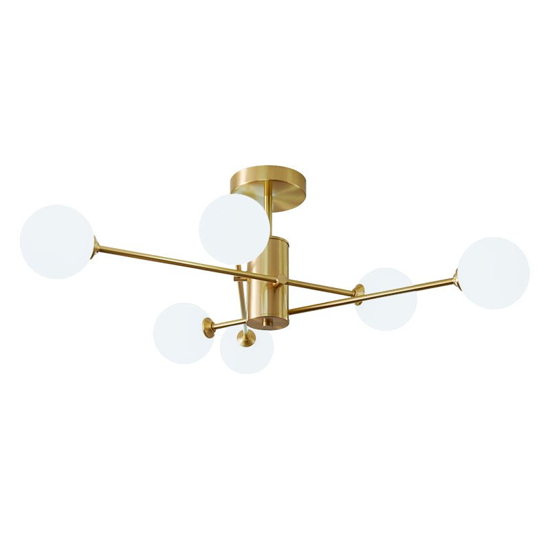 LightFixturesUSA - 6 - Light Opal Glass Globe Linear Sputnik Semi Flush - Ceiling Light - Brass - 