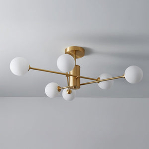 LightFixturesUSA - 6 - Light Opal Glass Globe Linear Sputnik Semi Flush - Ceiling Light - Brass - 