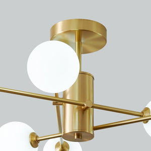 LightFixturesUSA - 6 - Light Opal Glass Globe Linear Sputnik Semi Flush - Ceiling Light - Brass - 