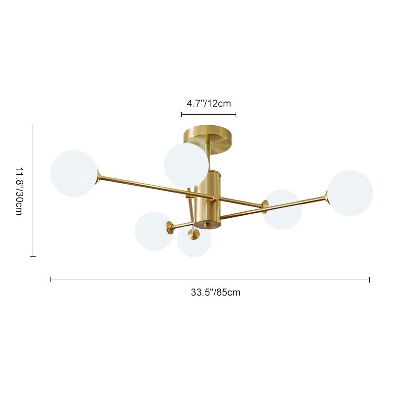 LightFixturesUSA - 6 - Light Opal Glass Globe Linear Sputnik Semi Flush - Ceiling Light - Brass - 