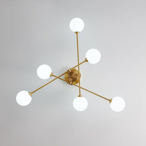 LightFixturesUSA - 6 - Light Opal Glass Globe Linear Sputnik Semi Flush - Ceiling Light - Brass - 
