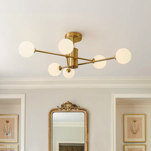 LightFixturesUSA - 6 - Light Opal Glass Globe Linear Sputnik Semi Flush - Ceiling Light - Brass - 