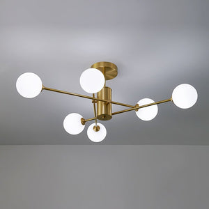 LightFixturesUSA - 6 - Light Opal Glass Globe Linear Sputnik Semi Flush - Ceiling Light - Brass - 