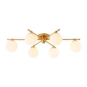 LightFixturesUSA - 6 - Light Opal Glass Globe Linear Sputnik Semi Flush Chandelier - Chandelier - Brass - 