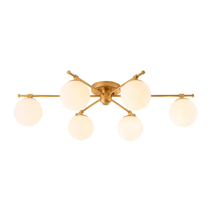 LightFixturesUSA - 6 - Light Opal Glass Globe Linear Sputnik Semi Flush Chandelier - Chandelier - Brass - 