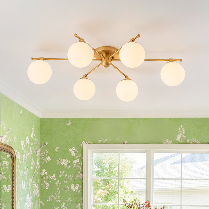 LightFixturesUSA - 6 - Light Opal Glass Globe Linear Sputnik Semi Flush Chandelier - Chandelier - Brass - 