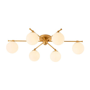 LightFixturesUSA - 6 - Light Opal Glass Globe Linear Sputnik Semi Flush Chandelier - Chandelier - Brass - 