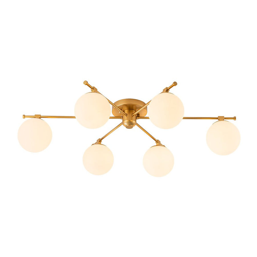LightFixturesUSA - 6 - Light Opal Glass Globe Linear Sputnik Semi Flush Chandelier - Chandelier - Brass - 