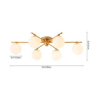 LightFixturesUSA - 6 - Light Opal Glass Globe Linear Sputnik Semi Flush Chandelier - Chandelier - Brass - 