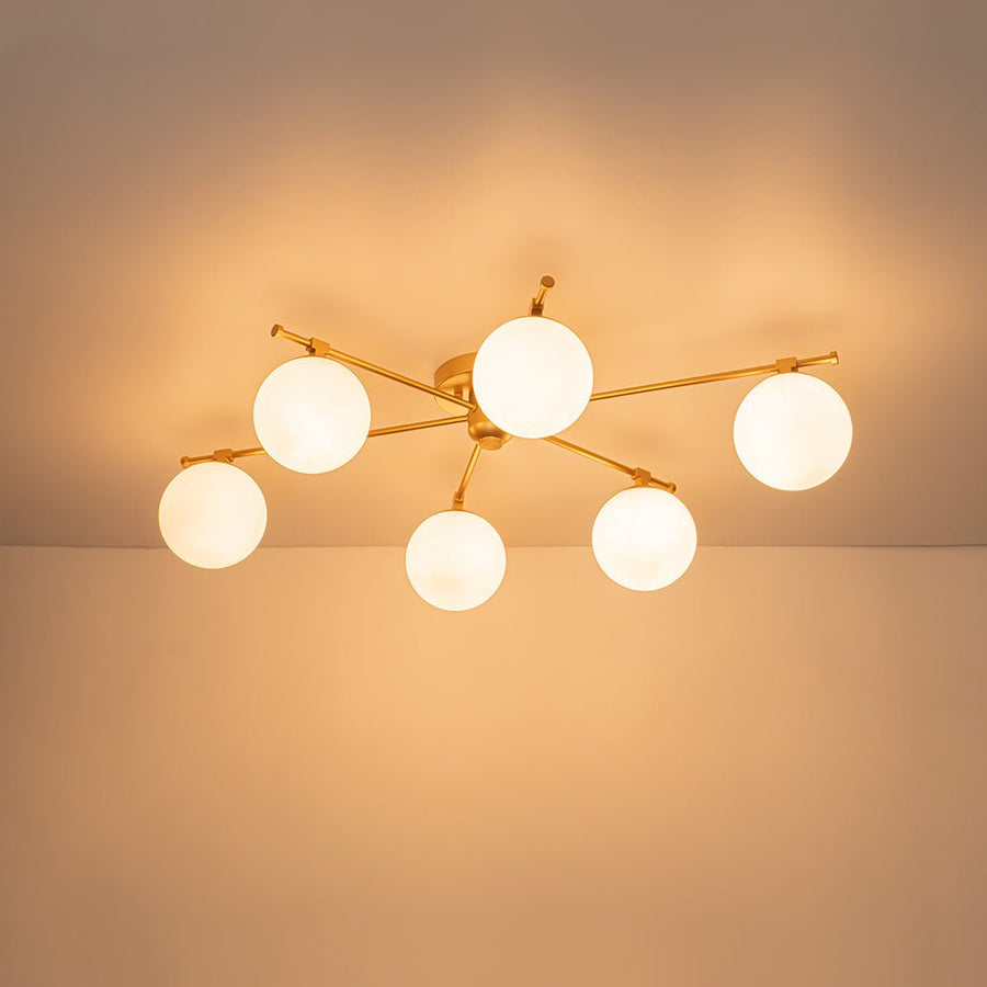 LightFixturesUSA - 6 - Light Opal Glass Globe Linear Sputnik Semi Flush Chandelier - Chandelier - Brass - 