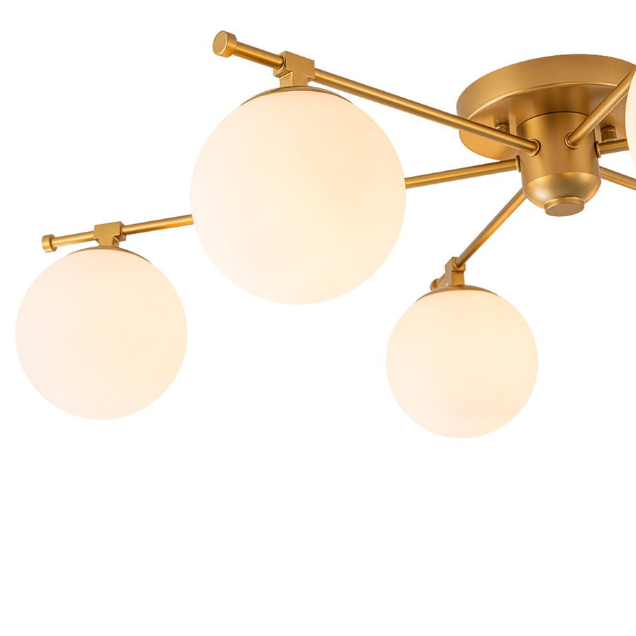 LightFixturesUSA - 6 - Light Opal Glass Globe Linear Sputnik Semi Flush Chandelier - Chandelier - Brass - 