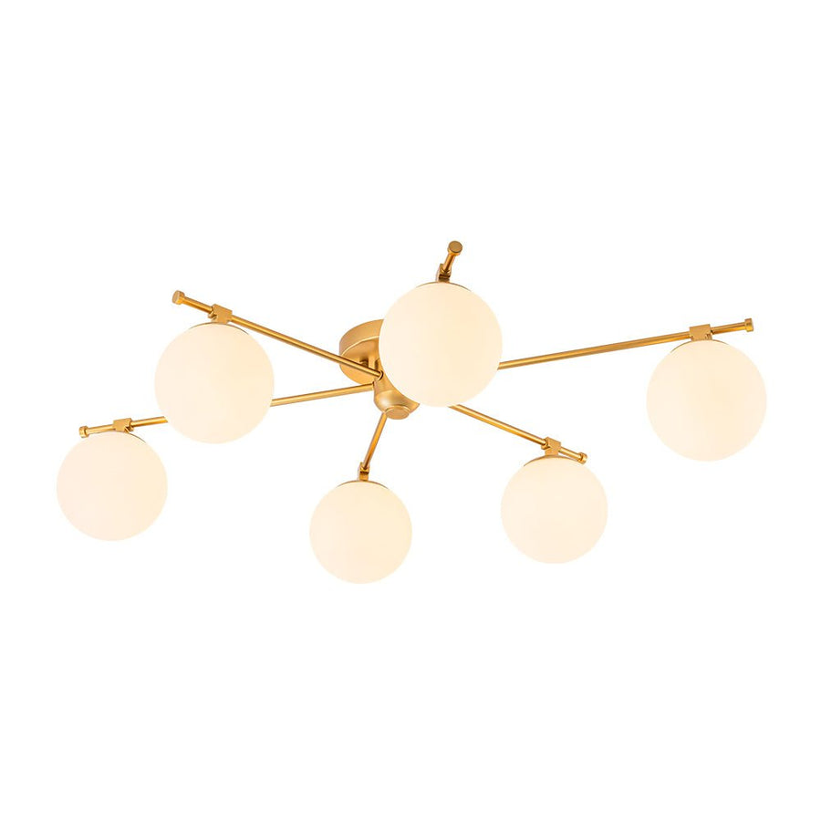 LightFixturesUSA - 6 - Light Opal Glass Globe Linear Sputnik Semi Flush Chandelier - Chandelier - Brass - 