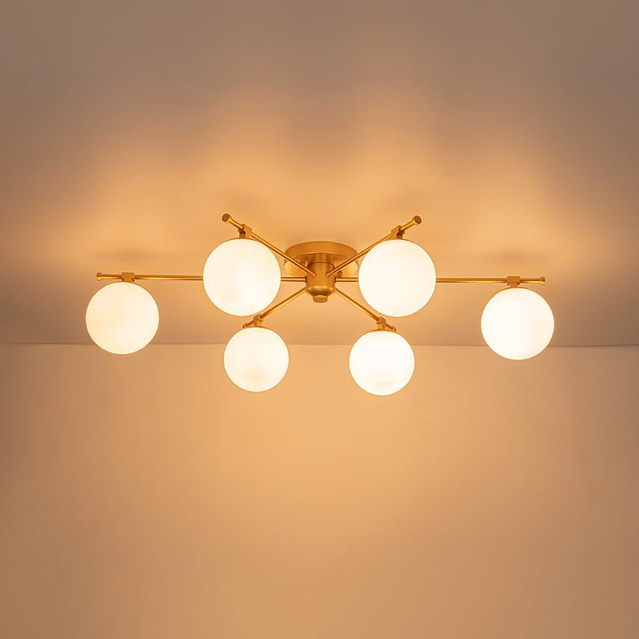 LightFixturesUSA - 6 - Light Opal Glass Globe Linear Sputnik Semi Flush Chandelier - Chandelier - Brass - 