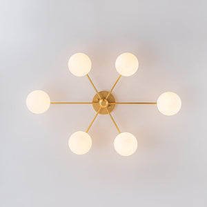 LightFixturesUSA - 6 - Light Opal Glass Globe Linear Sputnik Semi Flush Chandelier - Chandelier - Brass - 