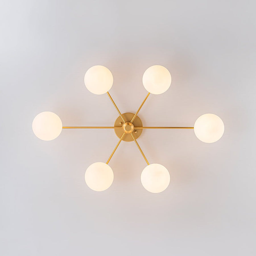 LightFixturesUSA - 6 - Light Opal Glass Globe Linear Sputnik Semi Flush Chandelier - Chandelier - Brass - 