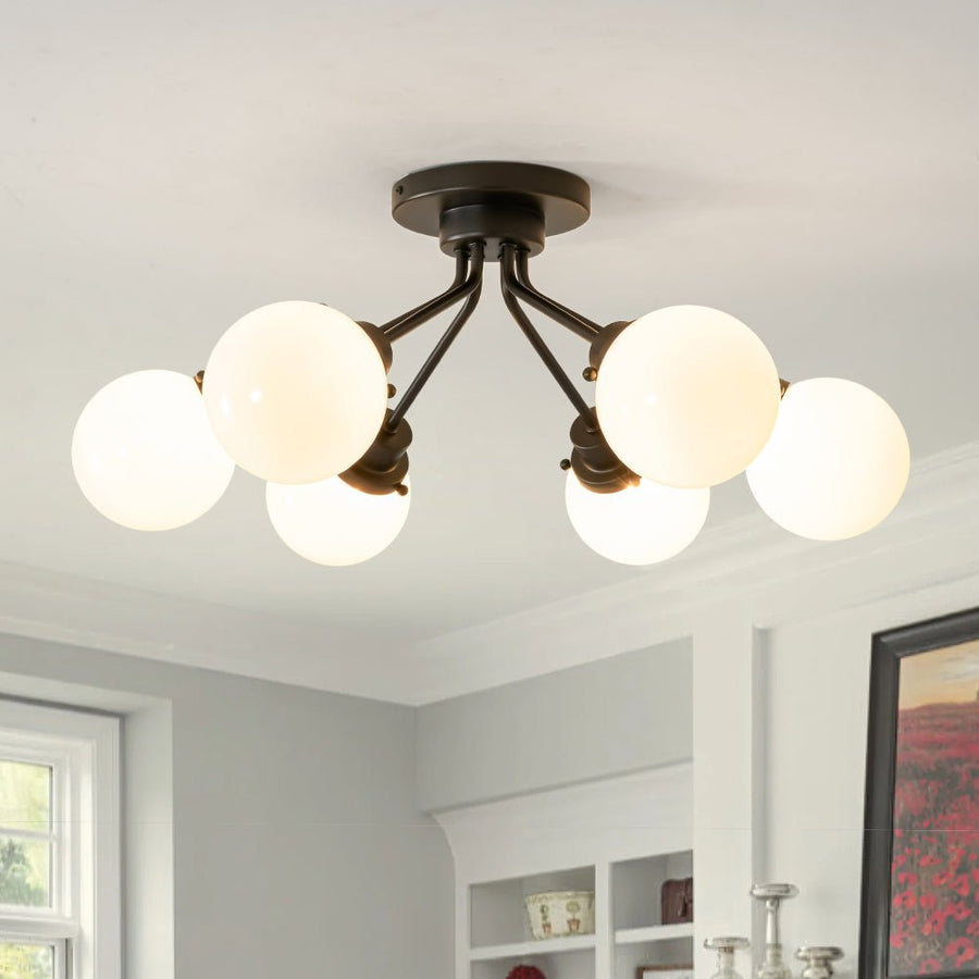 LightFixturesUSA - 6 - Light Opal Glass Globe Sputnik Semi Flush Mount - Ceiling Light - Black - 