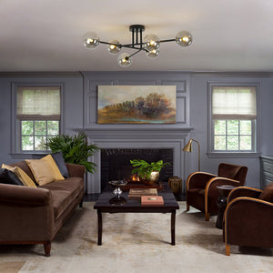 LightFixturesUSA - 6 - Light Smoked Glass Globe Linear Sputnik Semi Flush - Ceiling Light - Black - 